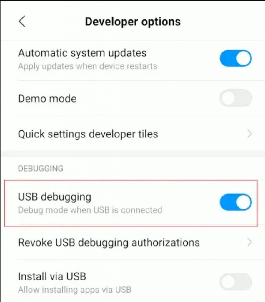 USB Debugging in Developer options