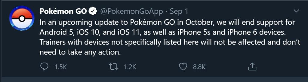 Pokémon Go will stop working twitter announcement