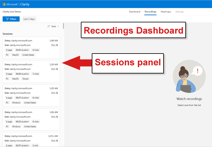 clarity recordings dashboard